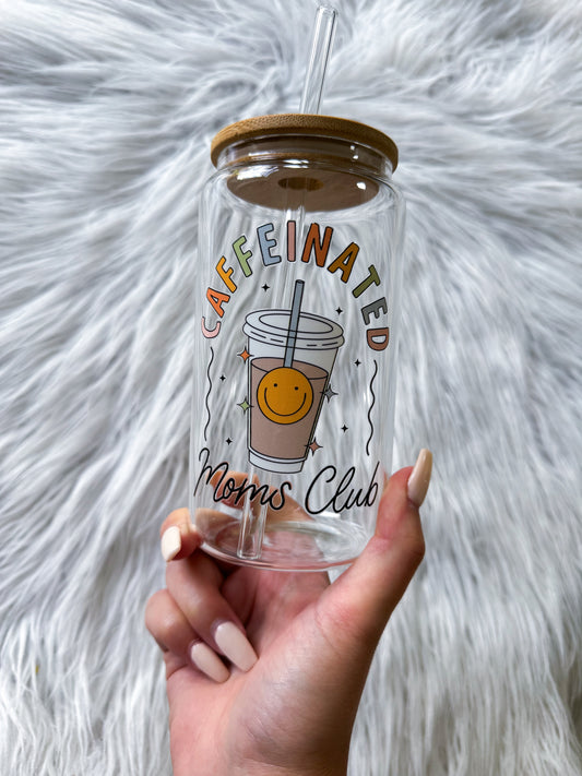 16 Oz Glass with Bamboo Lid Caffeinated Moms Club