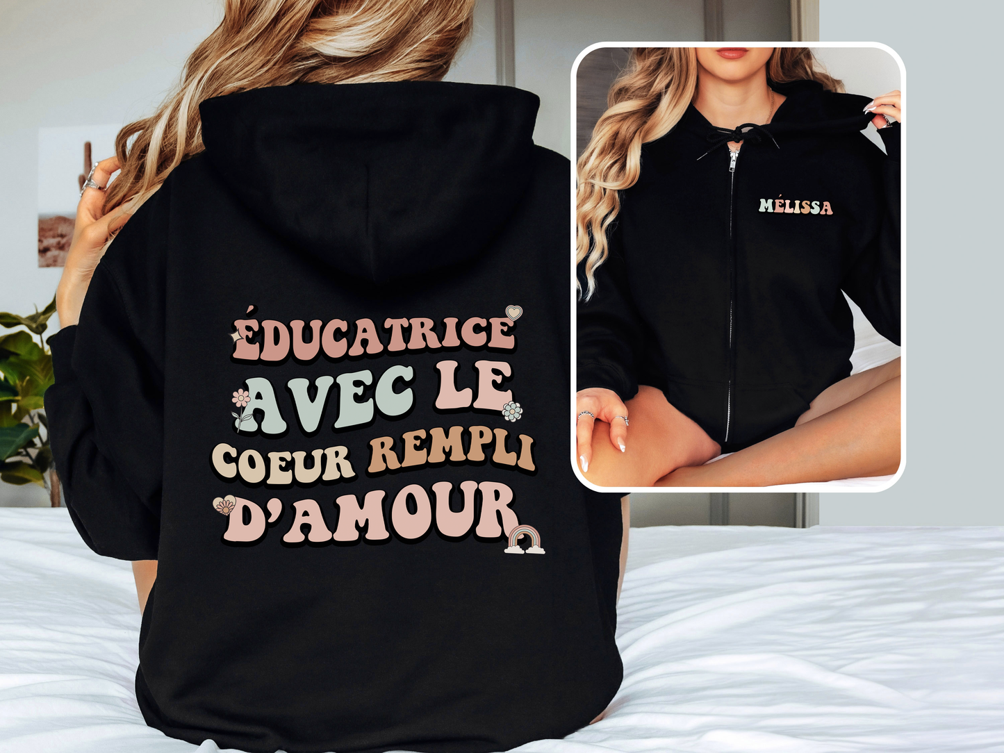 Éducatrice/Enseignante Avec le Coeur Rempli D'amour Avec Nom Zipper Hoodie