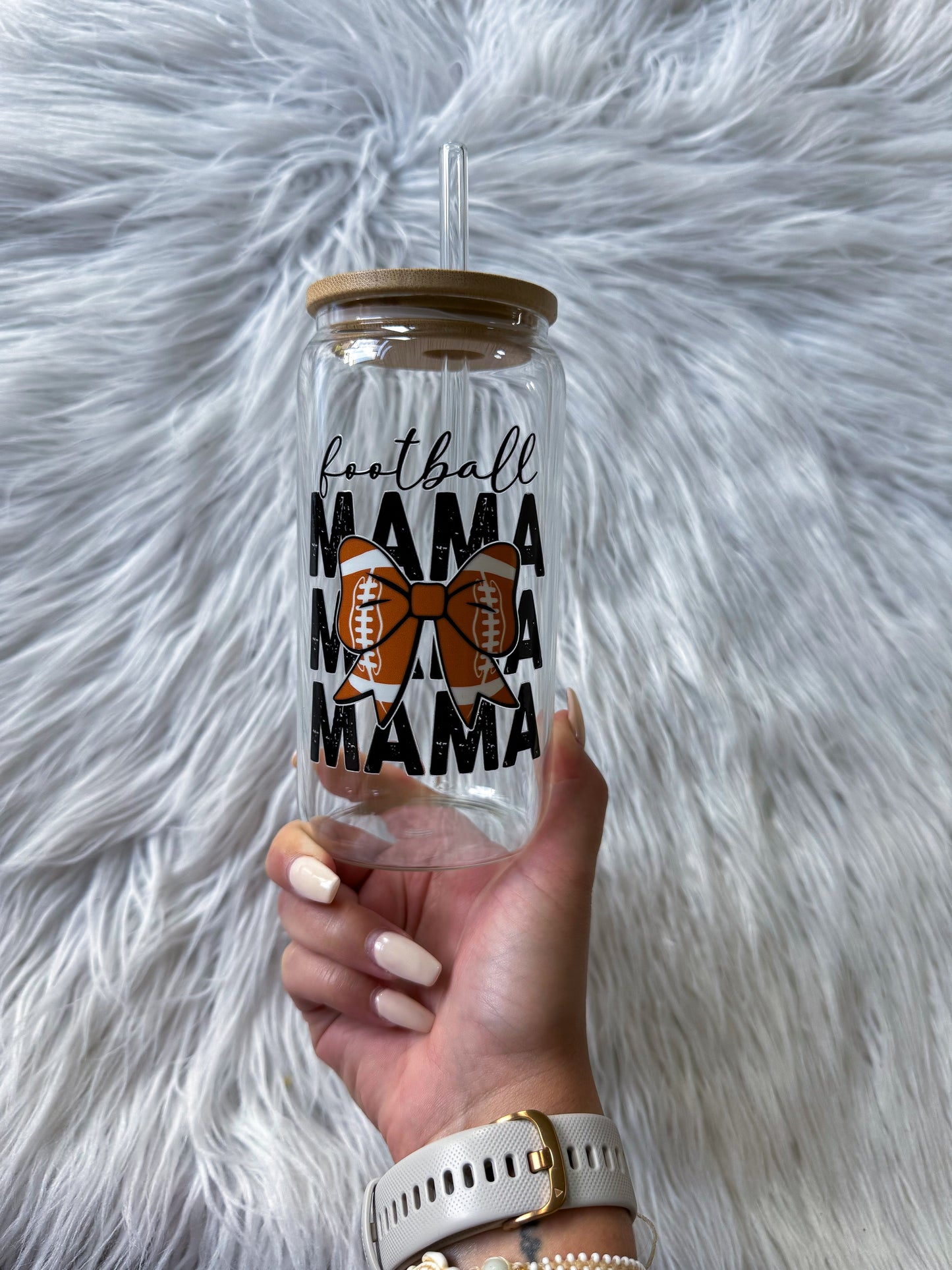16 Oz Glass with Bamboo Lid Football Mama