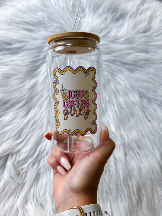16 Oz Glass with Bamboo Lid Iced Coffee Girly