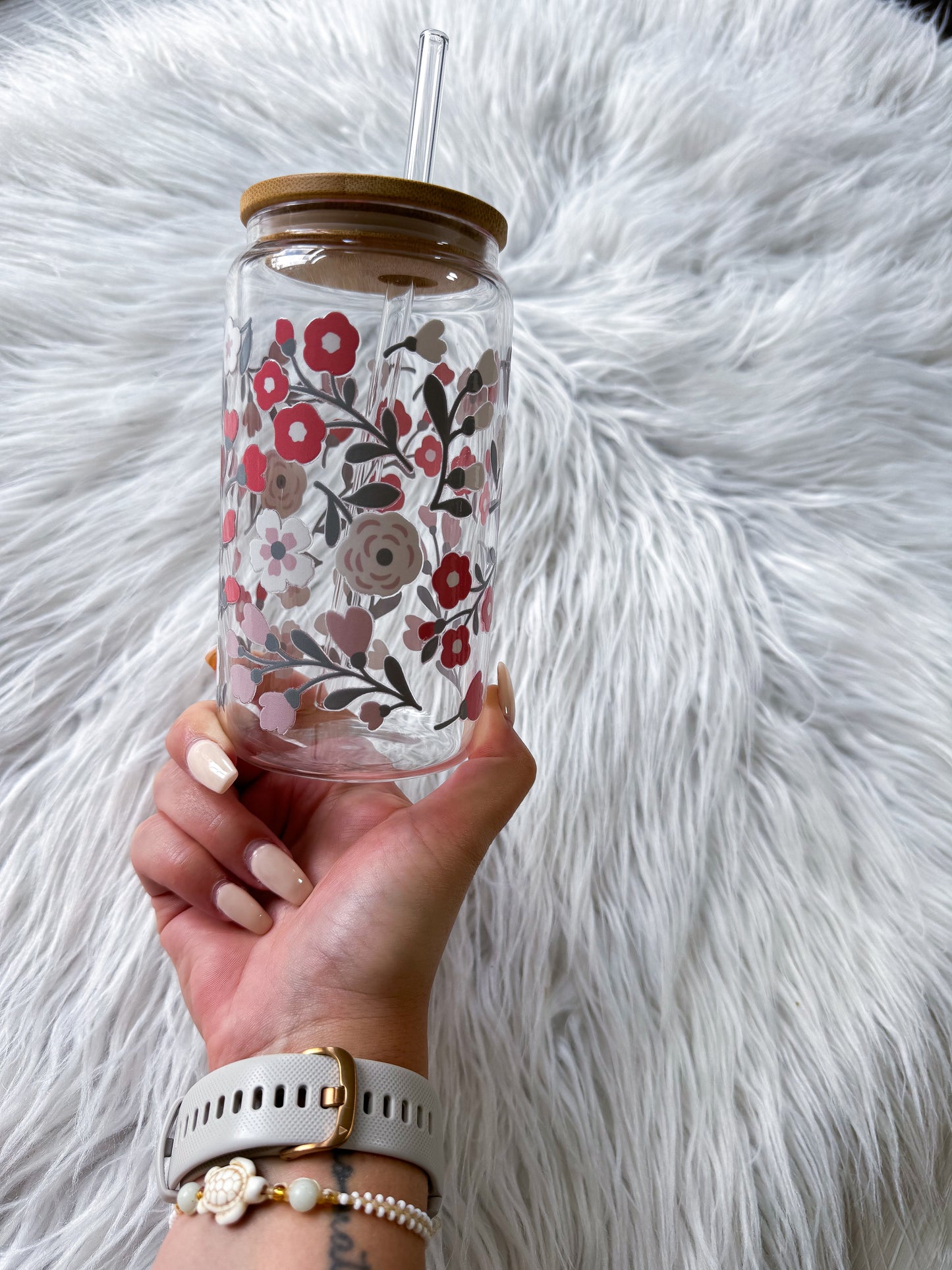 16 Oz Glass with Bamboo Lid Florals