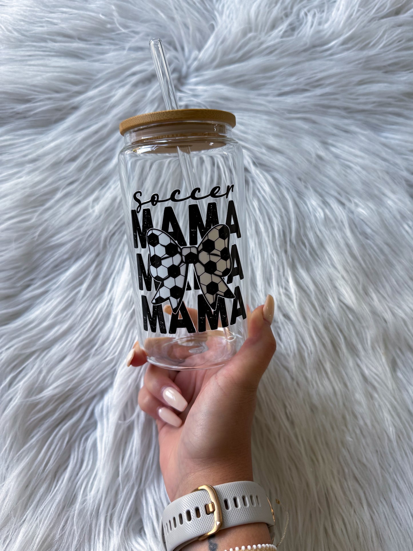 16 Oz Glass with Bamboo Lid Soccer Mama