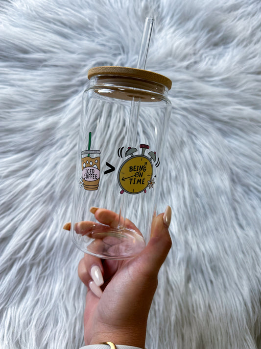 16 Oz Glass with Bamboo Lid Iced Coffee