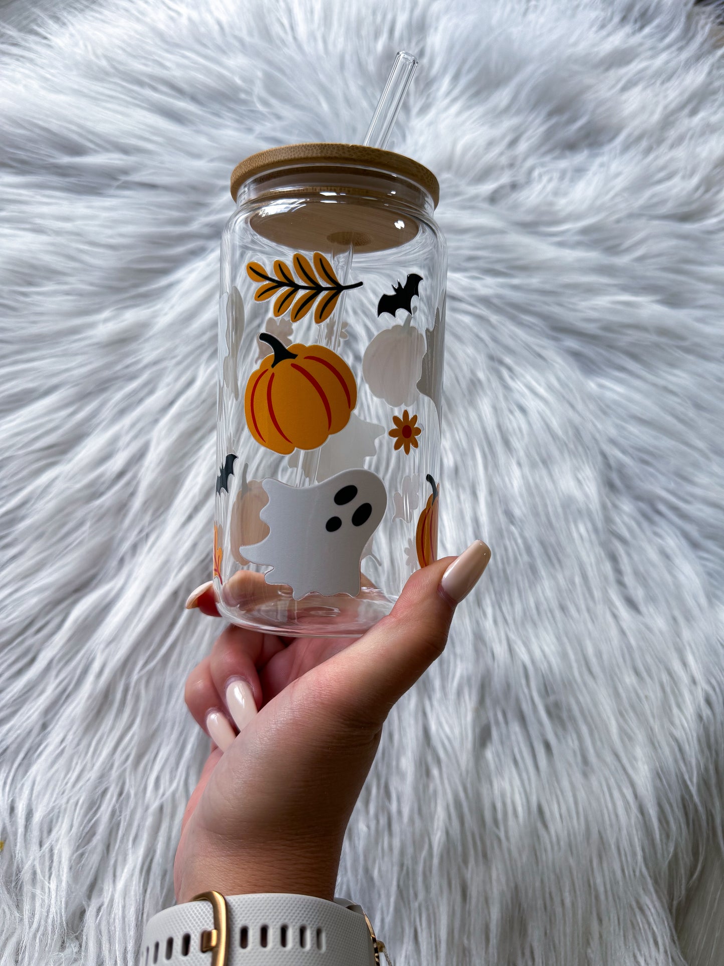 16 Oz Glass with Bamboo Lid Pumpkins and Ghosts
