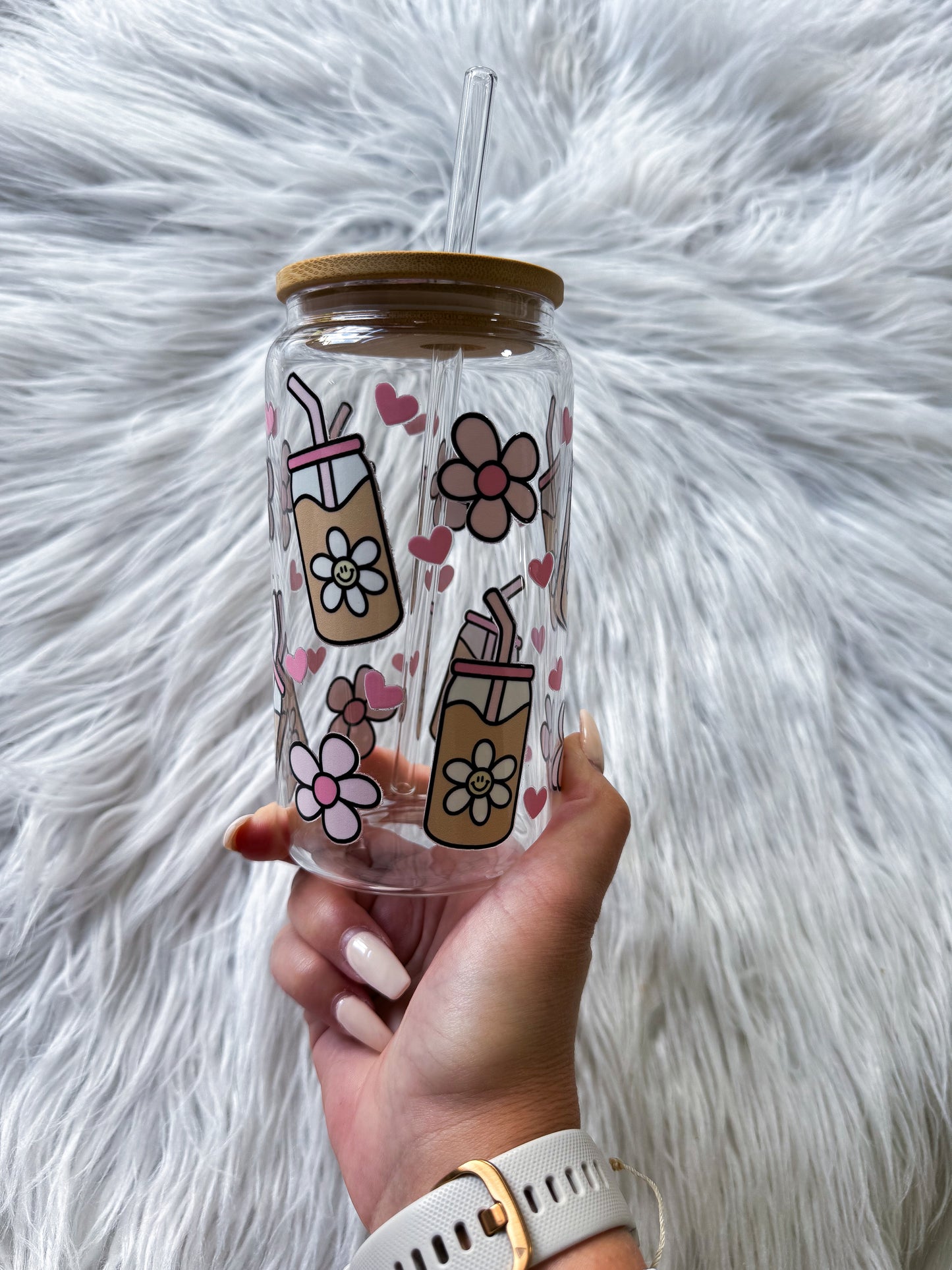 16 Oz Glass with Bamboo Lid Iced Coffee And Daisies Large