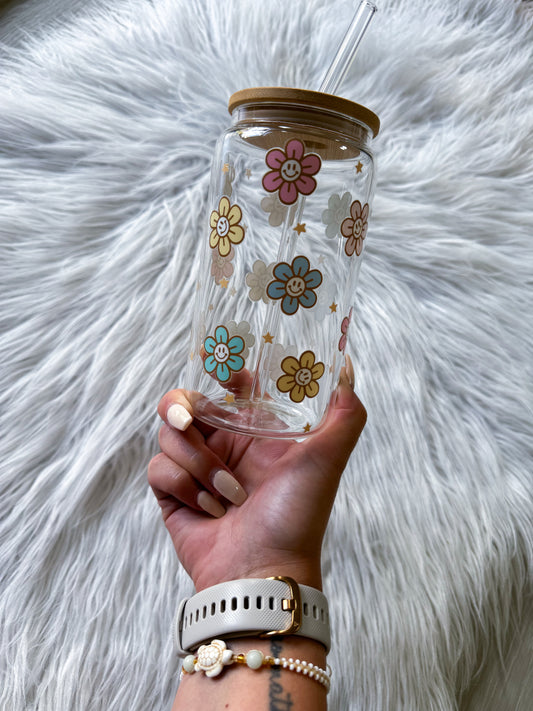 16 Oz Glass with Bamboo Lid Daisy Smile