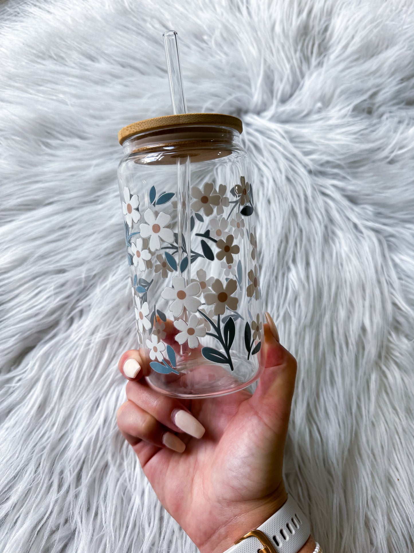 16 Oz Glass with Bamboo Lid Daisies