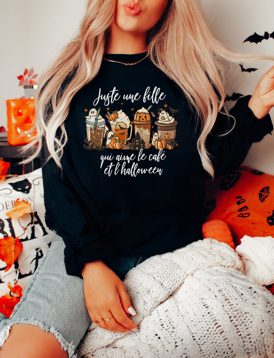 READY TO SHIP XL Juste Une Fille Qui Aime Le Café Et L'Halloween Crewneck