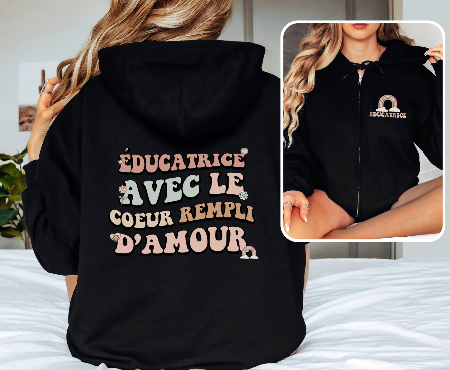 Hoodie Fermeture Éclair Éducatrice/Enseignante Avec le Coeur Rempli D'amour