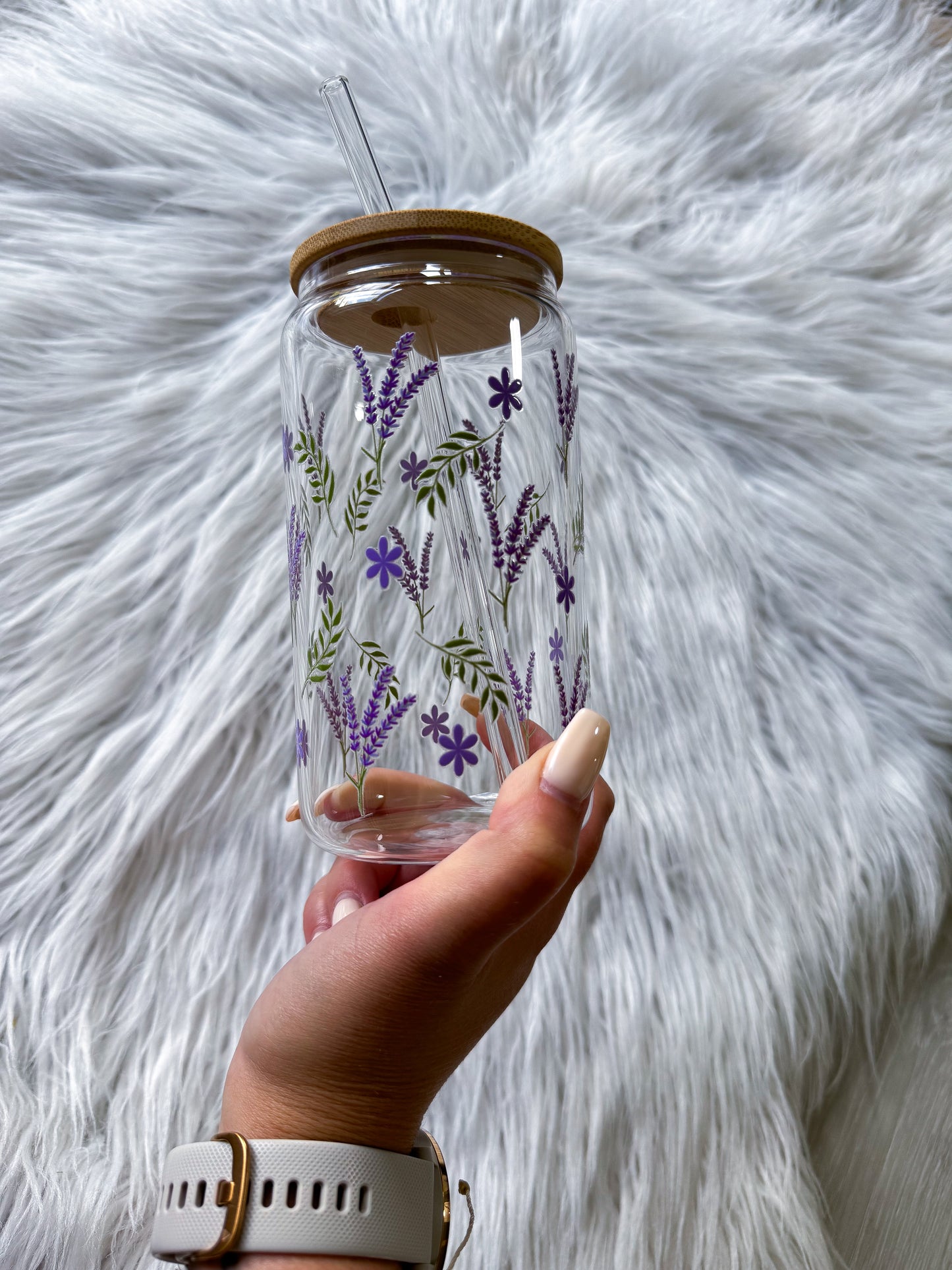 16 Oz Glass with Bamboo Lid Lavender